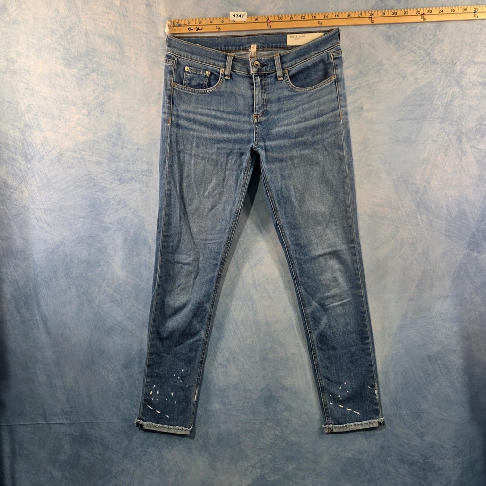 Rag & Bone Dre Slim‎ Boyfriend Jeans Blue Paint Splatter Raw Hem Size 26
